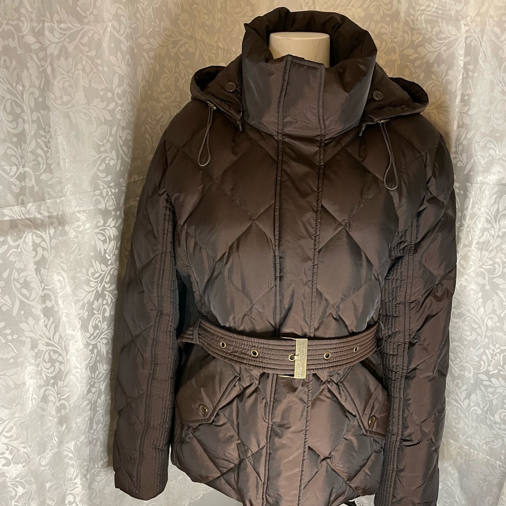 Hilary Radley jacket Sz L, Brown belted with hood in perfect unworn condition